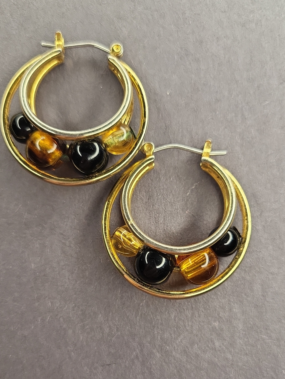 Gold Hoop Earrings with Black and Amber Beads